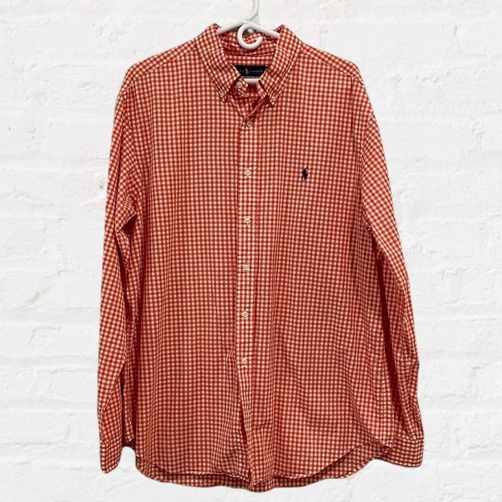 Polo Ralph Lauren Gingham Button Down Shirt Orange White Classic Fit Mens XL
